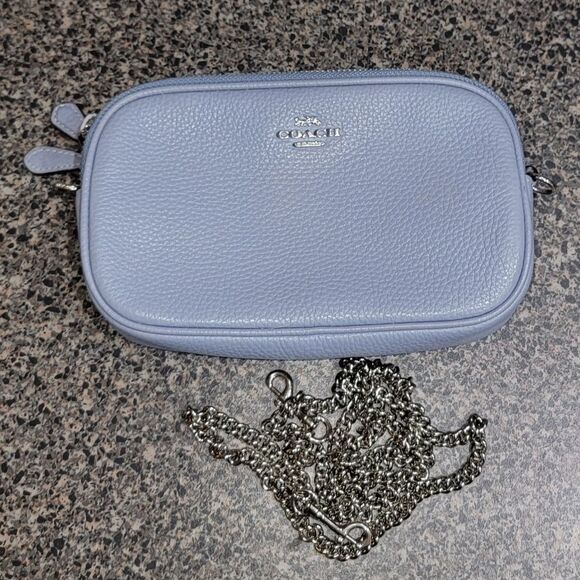 Coach Leather Double Zip Crossbody Purse Handbag w Chain Strap - Pool Blue - Picture 2 of 10